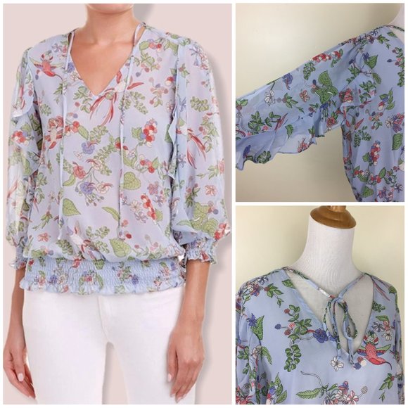 NWT NANETTE LEPORE Whirlpool Multi Print Ruffle Floral Tie Collar Shirt - Picture 1 of 13